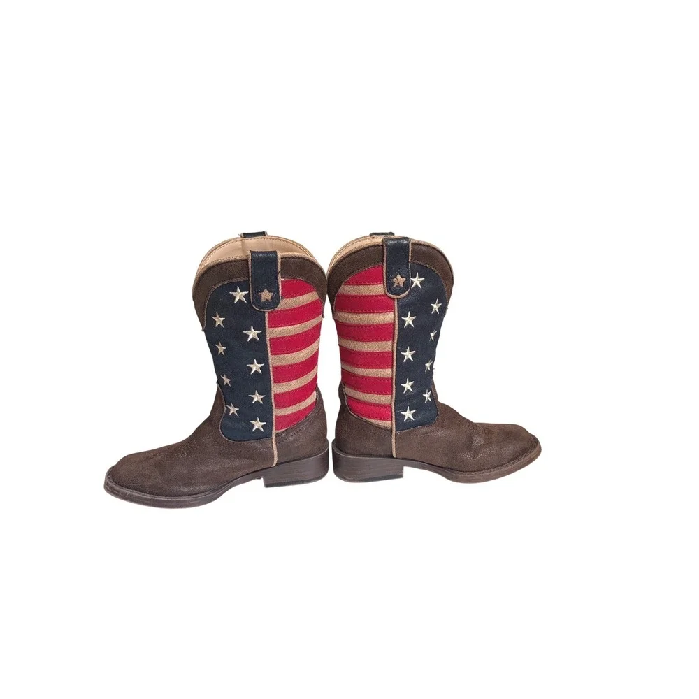 Roper Kids American Flag Cowboy Boots Brown Faux Leather Stars Stripes Size 10